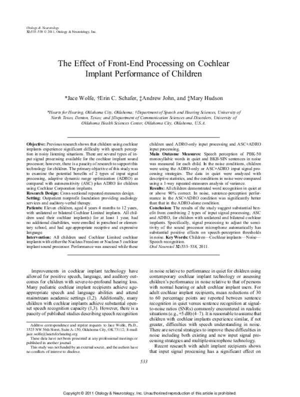 (PDF) The Effect of Front-End Processing on Cochlear Implant ...