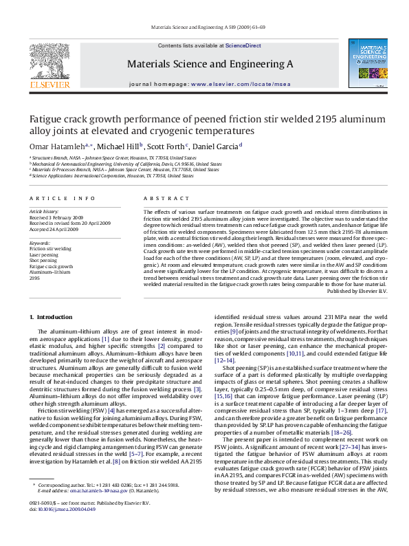 (PDF) Fatigue crack growth performance of peened friction stir welded ...