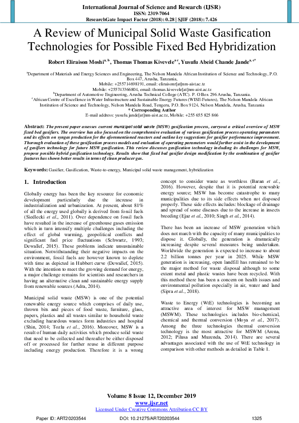 (PDF) A Review of Municipal Solid Waste Gasification Technologies for ...