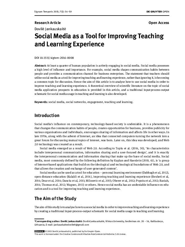 (PDF) Social Media as a Tool for Improving Teaching and Learning Experience