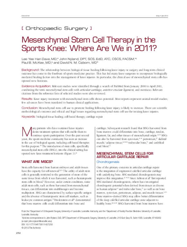 (PDF) Mesenchymal Stem Cell Therapy in the Sports Knee