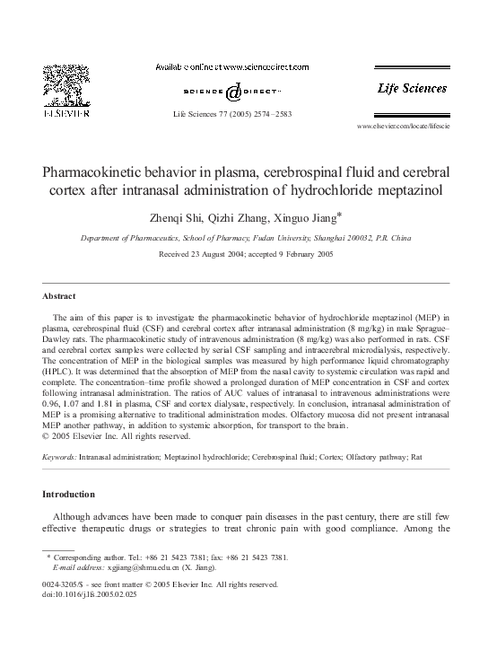(PDF) Pharmacokinetic behavior in plasma, cerebrospinal fluid and ...