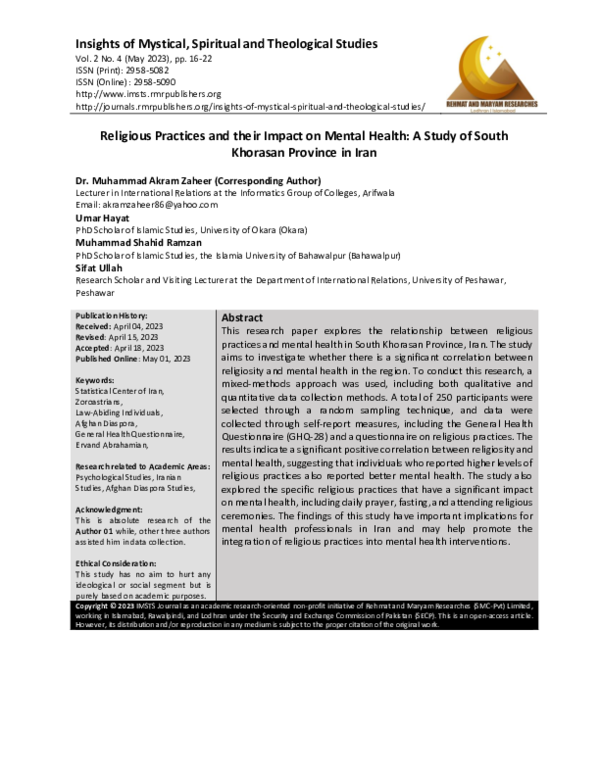 (PDF) Religious Practices and their Impact on Mental Health: A Study of ...