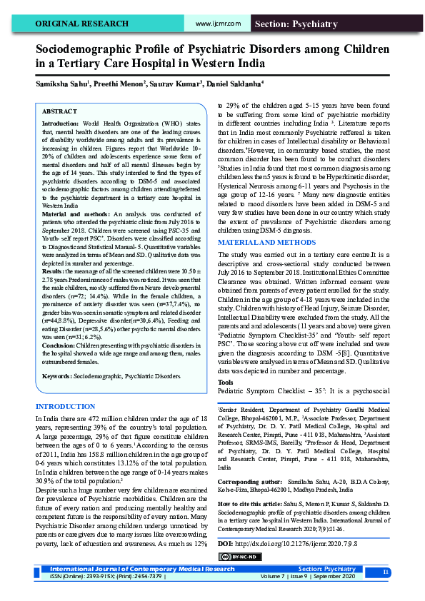 (PDF) Sociodemographic Profile of Psychiatric Disorders among Children ...