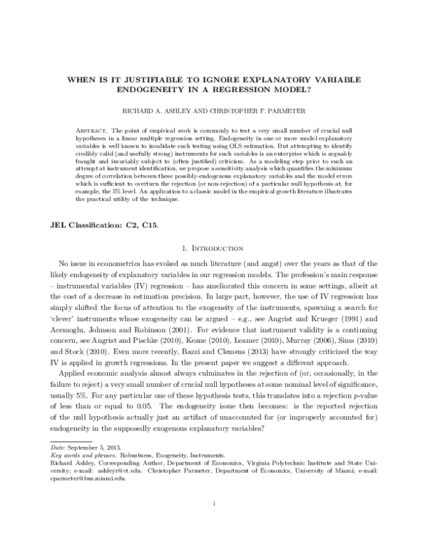 (PDF) When is it justifiable to ignore explanatory variable endogeneity ...
