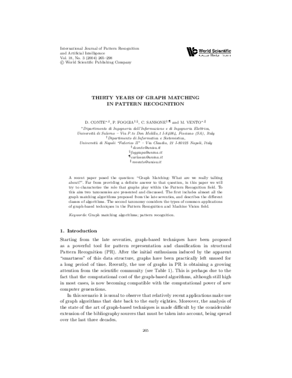 (PDF) Thirty years of graph matching in pattern recognition