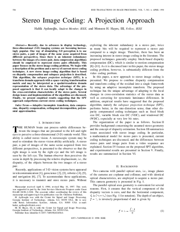 (PDF) Stereo image coding: a projection approach