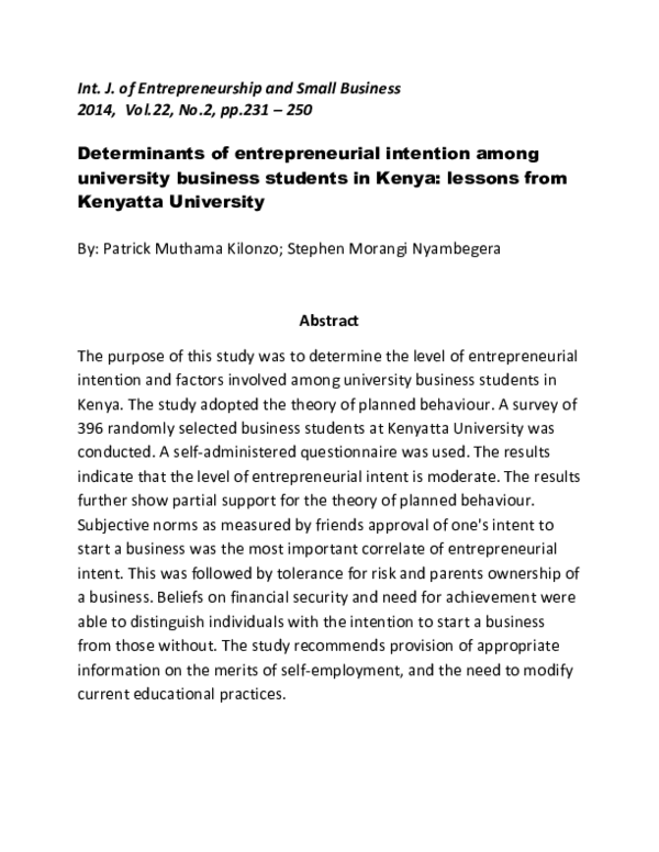 (PDF) Determinants of entrepreneurial intention among university