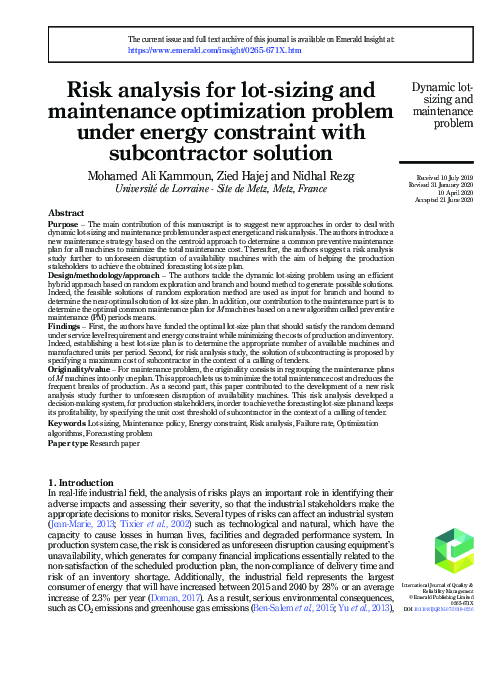 (PDF) Risk analysis for lot-sizing and maintenance optimization problem ...