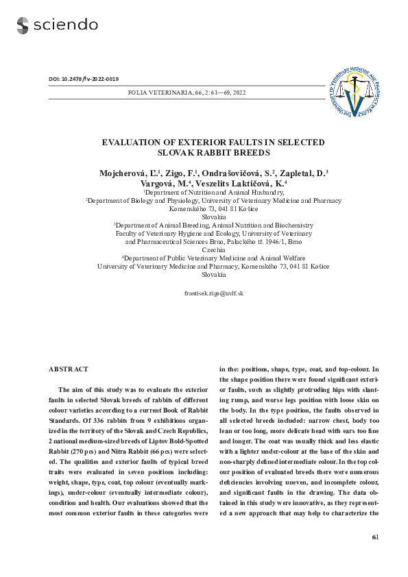 (PDF) Evaluation of Exterior Faults in Selected Slovak Rabbit Breeds