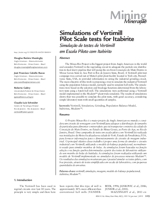 (PDF) Simulations of Vertimill Pilot Scale tests for Itabirite