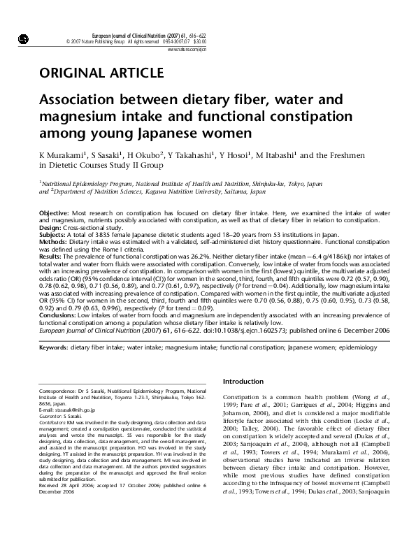 (PDF) Association between dietary fiber, water and magnesium intake and