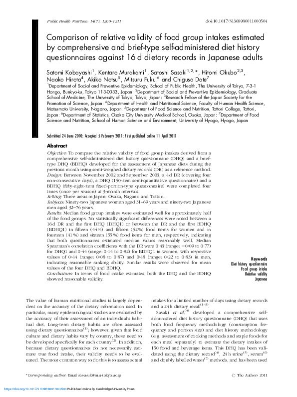 (PDF) Comparison of relative validity of food group intakes estimated ...