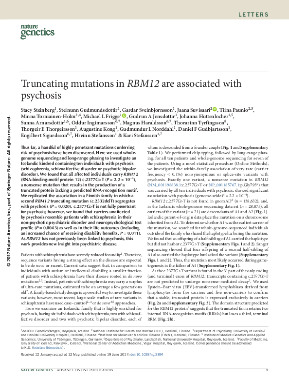 (PDF) Truncating mutations in RBM12 are associated with psychosis