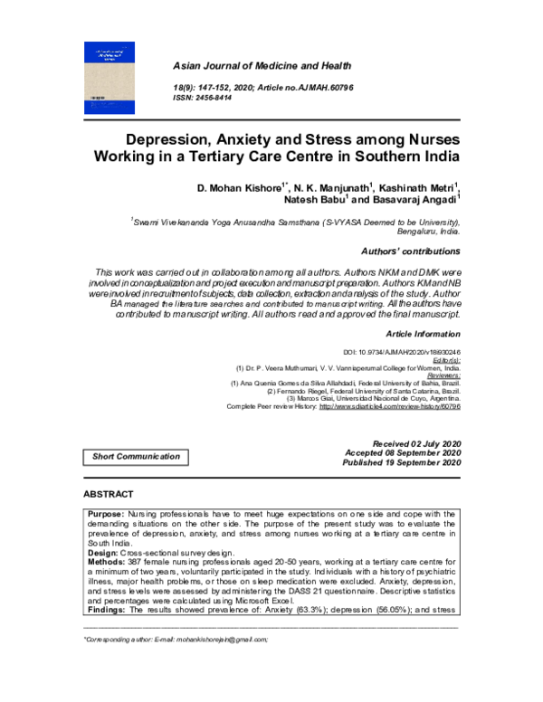 (PDF) Depression, Anxiety and Stress among Nurses Working in a Tertiary ...