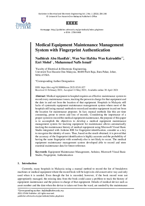 (PDF) Medical Equipment Maintenance Management System with Fingerprint