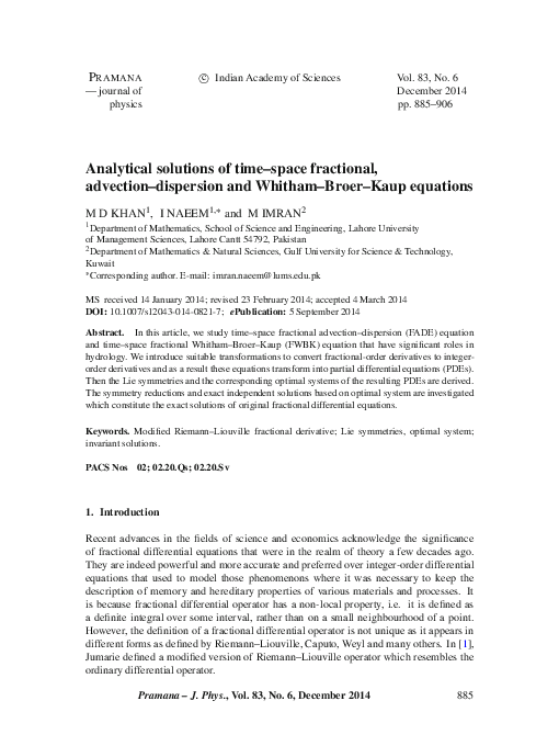 (PDF) Analytical solutions of time–space fractional, advection ...