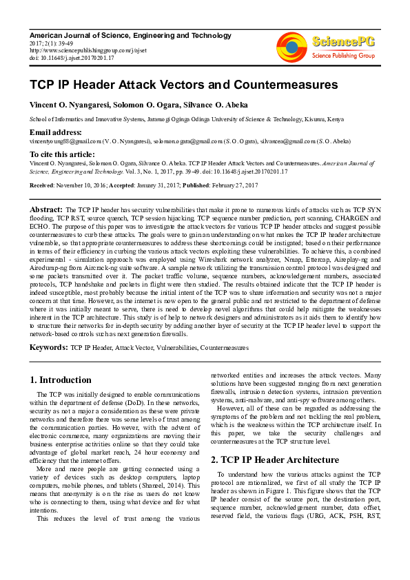 (PDF) TCP IP Header Attack Vectors and Countermeasures