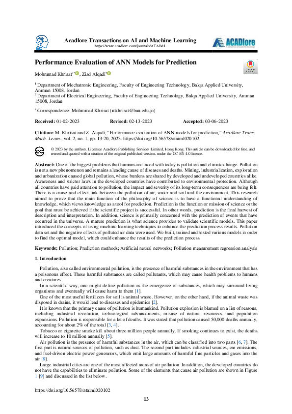 (PDF) Performance Evaluation of ANN Models for Prediction