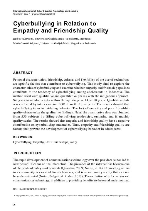 (PDF) Cyberbullying in Relation to Empathy and Friendship Quality