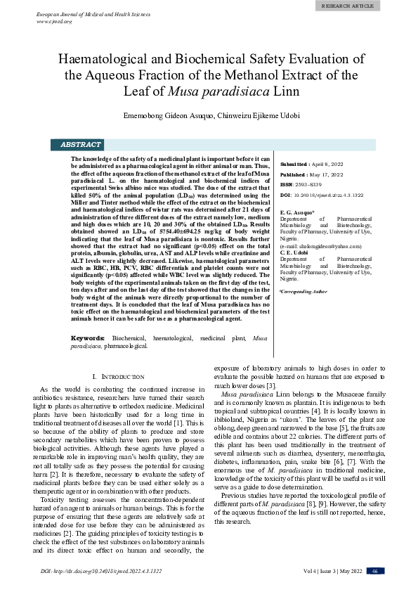 (PDF) Haematological and Biochemical Safety Evaluation of the Aqueous ...