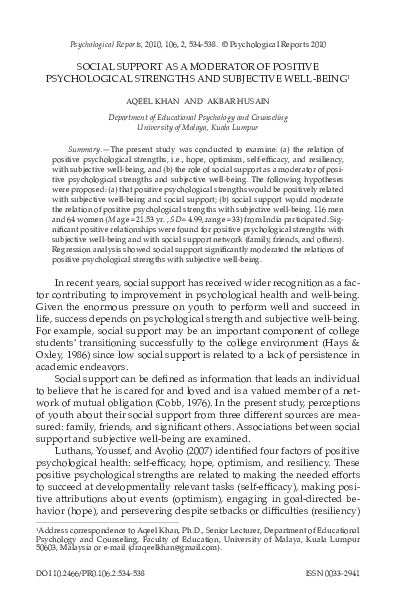 (PDF) Social Support as a Moderator of Positive Psychological Strengths ...