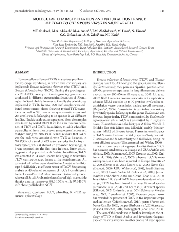 (PDF) MOLECULAR CHARACTERIZATION AND NATURAL HOST RANGE OF TOMATO ...