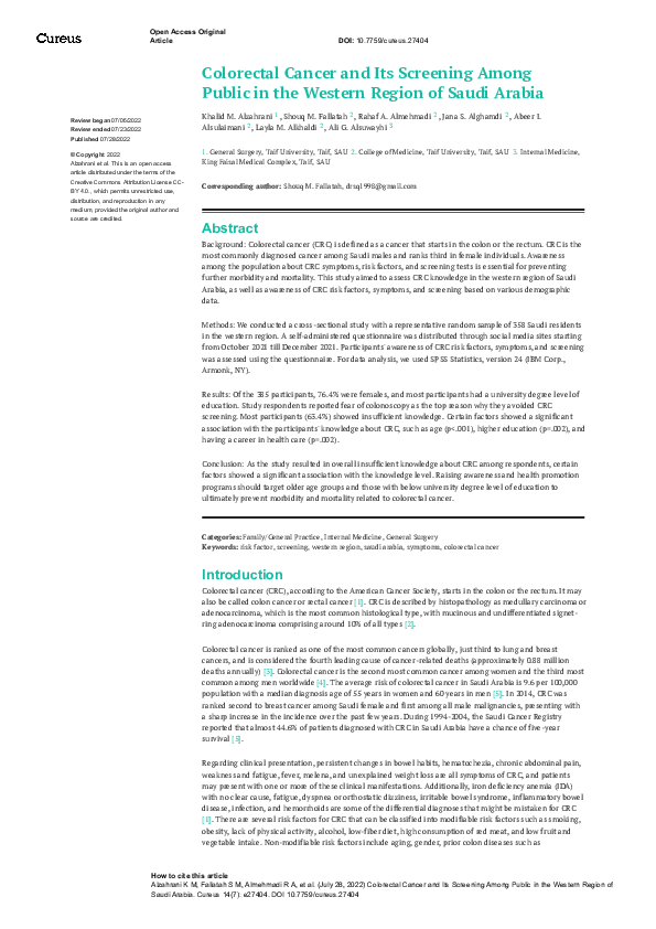 (PDF) Colorectal Cancer and Its Screening Among Public in the Western ...