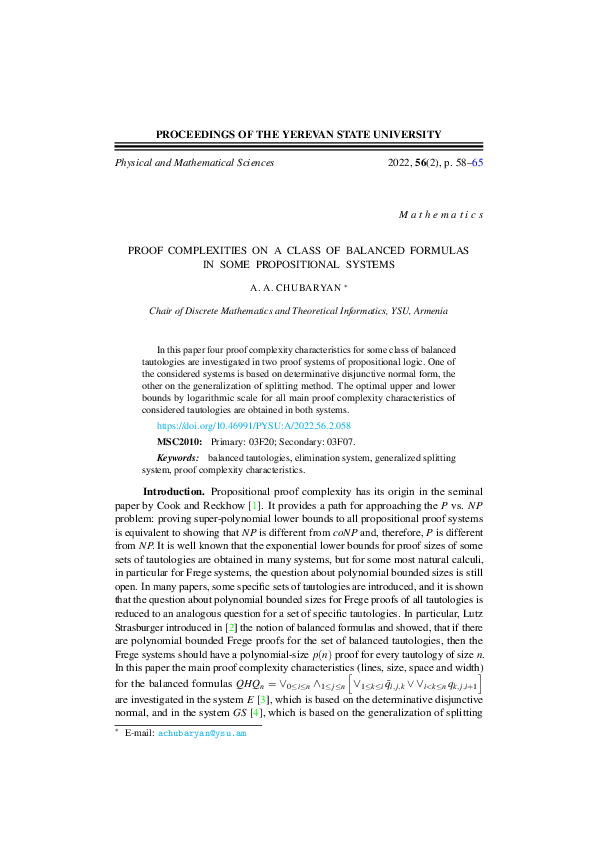 (PDF) Proof Complexities on a Class of Balanced Formulas in Some ...