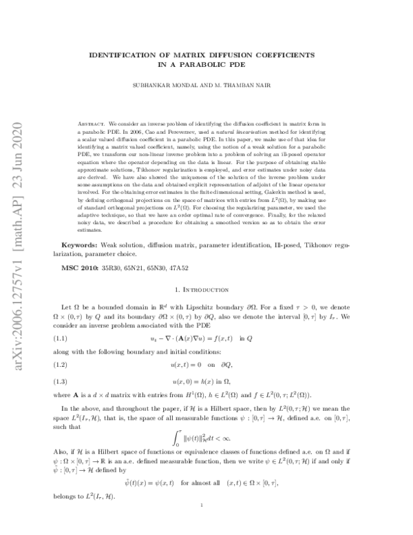 (PDF) Identification of Matrix Diffusion Coefficient in a Parabolic PDE