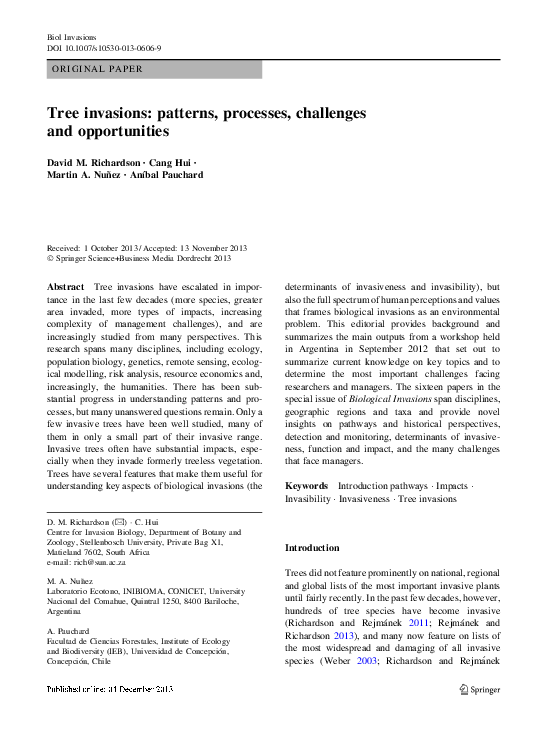 (PDF) Tree invasions: patterns, processes, challenges and opportunities