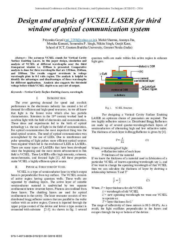 (PDF) Design and analysis of VCSEL LASER for third window of optical ...