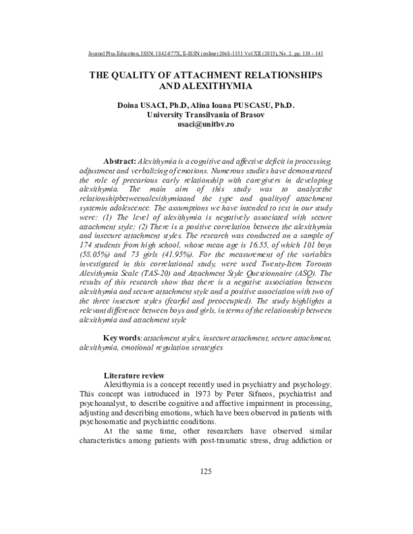 (PDF) The Quality of Attachment Relationships and Alexithymia