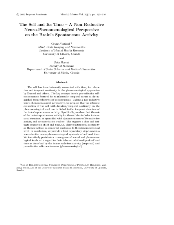 (PDF) The Self and Its Time -A Non-Reductive Neuro-Phenomenological ...