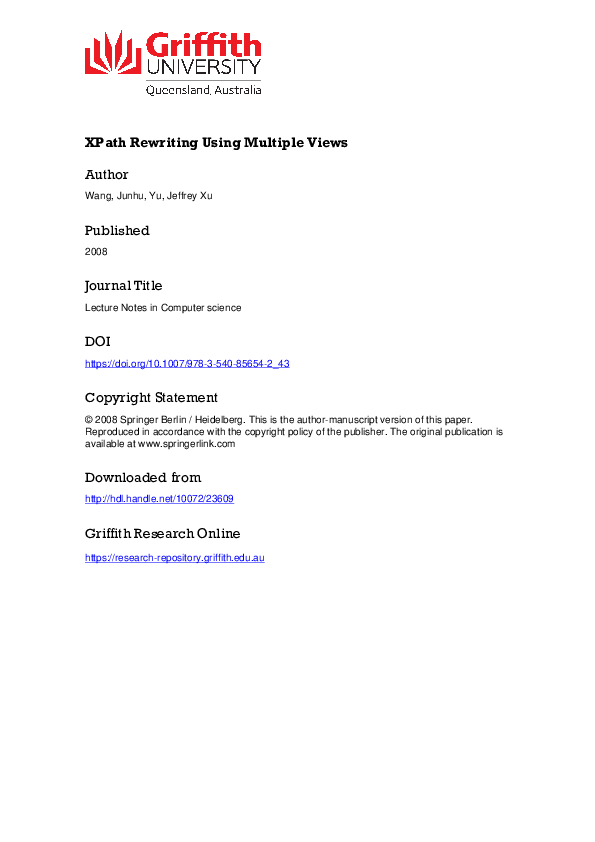 (PDF) XPath Rewriting Using Multiple Views
