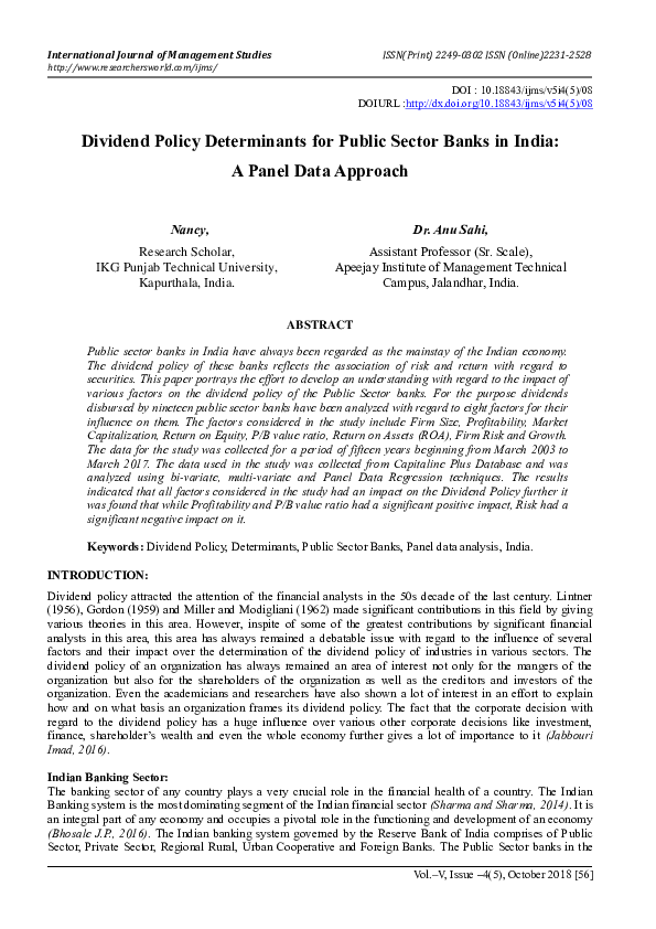 (PDF) Dividend Policy Determinants for Public Sector Banks in India: A ...