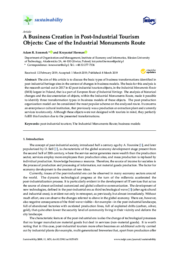 (PDF) A Business Creation in Post-Industrial Tourism Objects: Case of ...