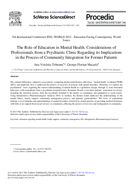 (PDF) The Role of Education in Mental Health. Considerations of ...