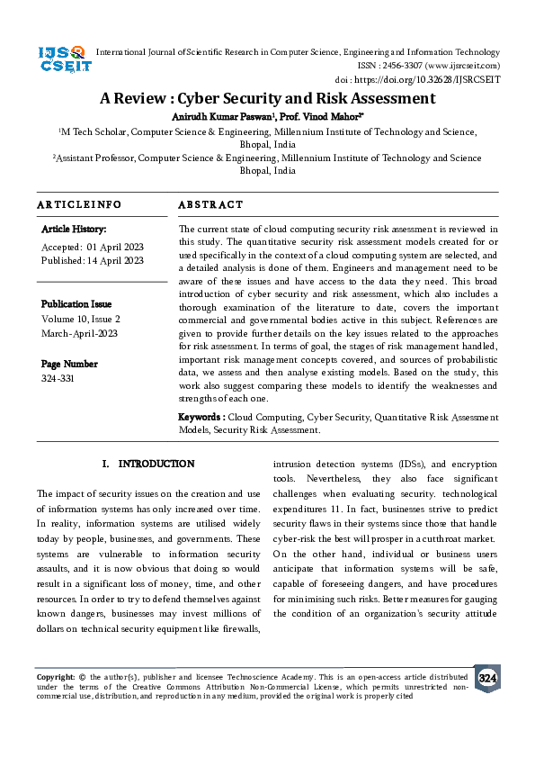 (PDF) A Review : Cyber Security and Risk Assessment