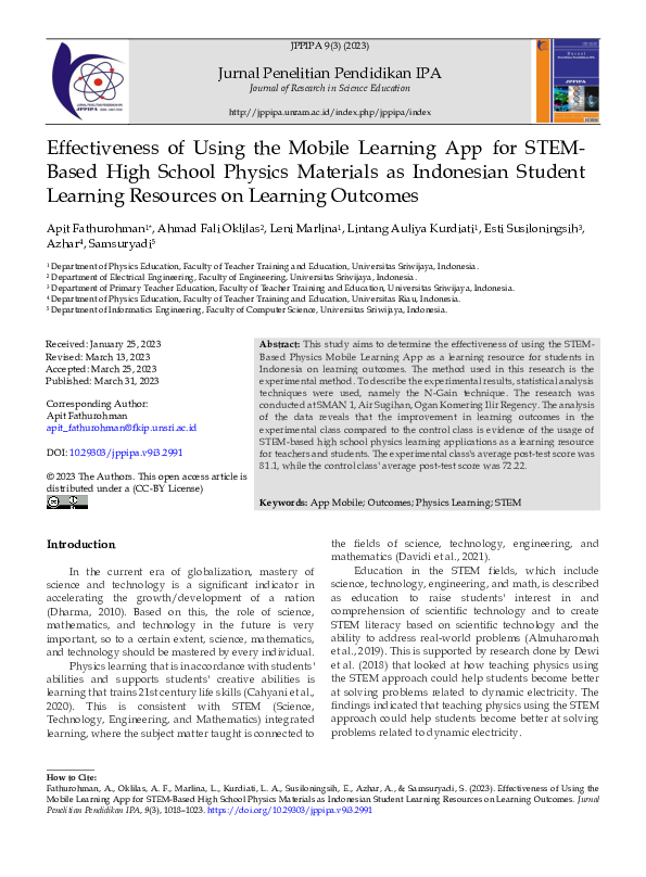 (PDF) Effectiveness of Using the Mobile Learning App for STEM-Based ...