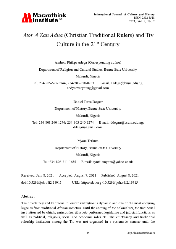 (PDF) Ator A Zan Adua (Christian Traditional Rulers) and Tiv Culture in ...