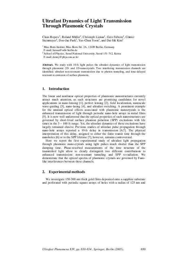 (PDF) Ultrafast Dynamics of Light Transmission Through Plasmonic Crystals