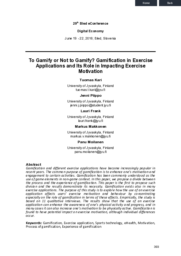 (PDF) To Gamify or Not to Gamify? Gamification in Exercise Applications ...