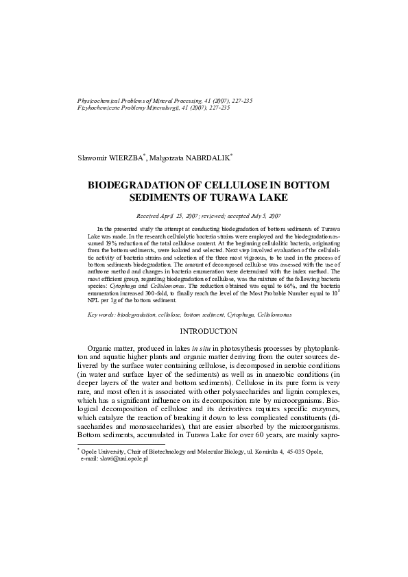 (PDF) Biodegradation of cellulose in bottom sediments of Turawa lake