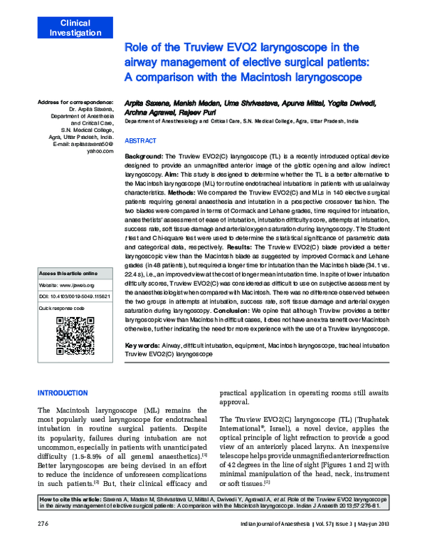 (PDF) Role of the Truview EVO2 laryngoscope in the airway management of ...