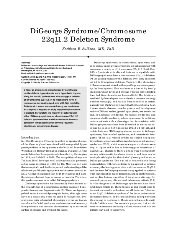 (PDF) Digeorge syndrome/chromosome 22q11.2 deletion syndrome