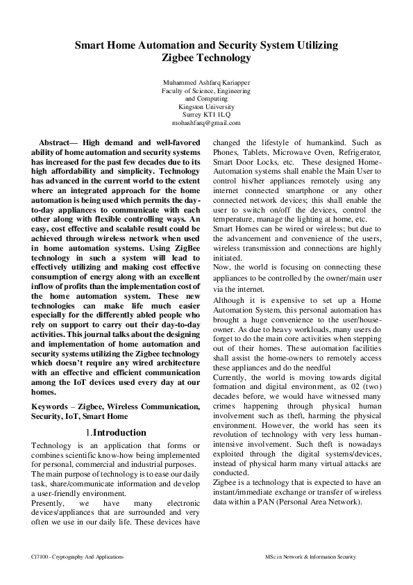 (PDF) Smart Home Automation and Security System Utilizing Zigbee Technology