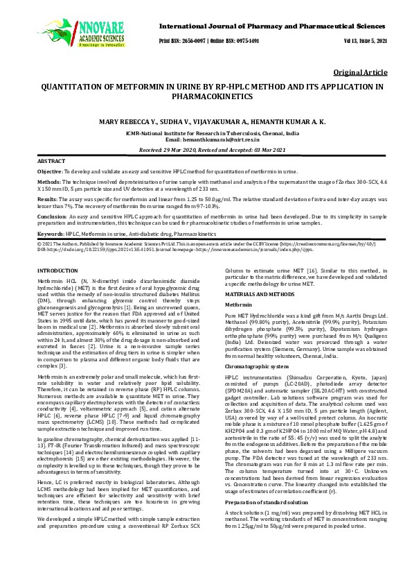 (PDF) QUANTITATION OF METFORMIN IN URINE BY RPHPLC METHOD AND ITS