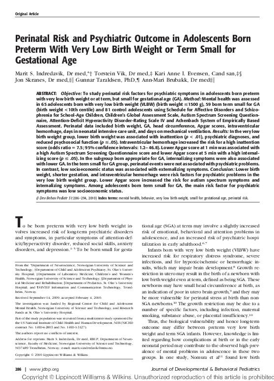 (PDF) Perinatal Risk and Psychiatric Outcome in Adolescents Born ...