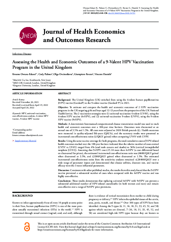 (PDF) Assessing the Health and Economic Outcomes of a 9-Valent HPV ...